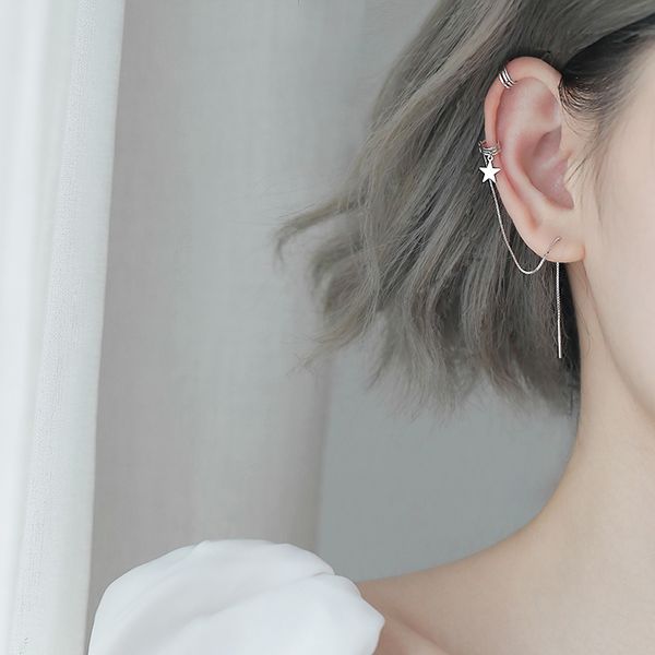 

sweet style silver moon pendant long tassels chain 925 asymmetric ear cuff clip on earring for girl christmas gift, Black