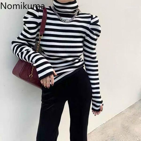 

women's sweaters nomikuma ruttleneck puff sleeve knitted sweater korean striped woemn pullover knitwear 2021 slim women basic jumper 6d, White;black
