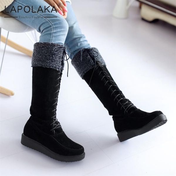 

lapolaka 2020 new arrivals big size 43 add fur warm winter boots woman shoes lace up platform comfy plush mid calf boots female, Black