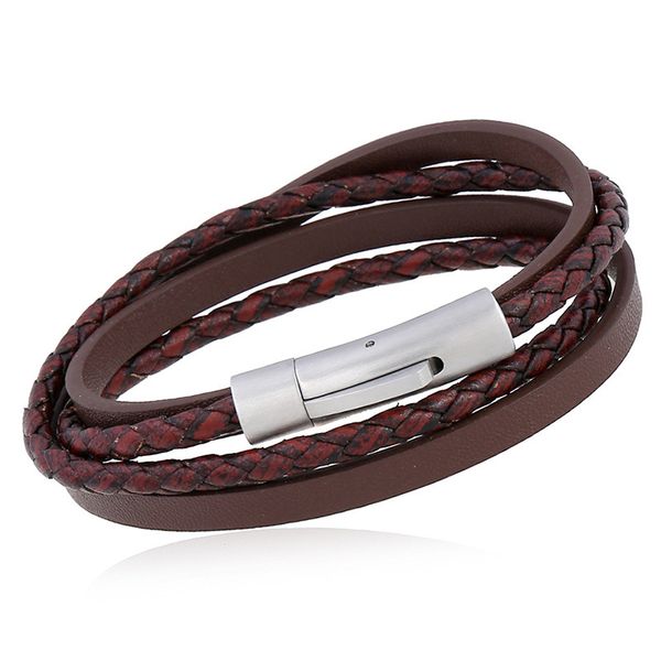 

selling simple woven stainless steel magnetic buckle pu leather bracelet with 2 circles of multi-layer student hand decoration hand rope, Silver