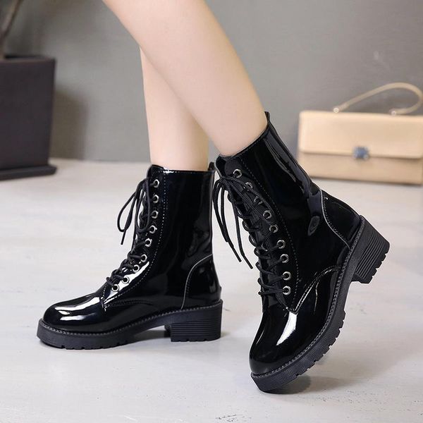 

shoes fashion boots woman round toe low heels booties booties ladies punk lolita rubber mid calf rock riding mid-calf, Black