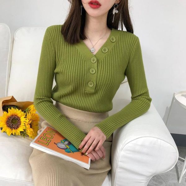 

women's sweaters autumn 2021 solid candy color v-neck one breasted knitted sweater long sleeve slim pullover casual female en*, White;black
