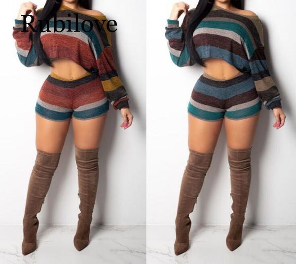 

knitted two piece set women clothes crop +shorts suits autumn outfits casual stripe sweater 2 piece matching sets1, White