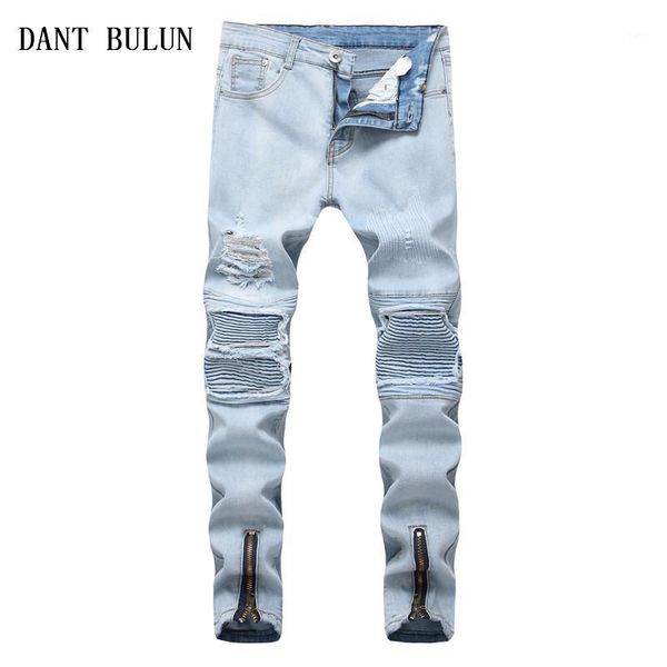 

2020 slim fit skinny ripped jeans men hi-street mens distressed zipper denim joggers knee holes washedpants1, Blue