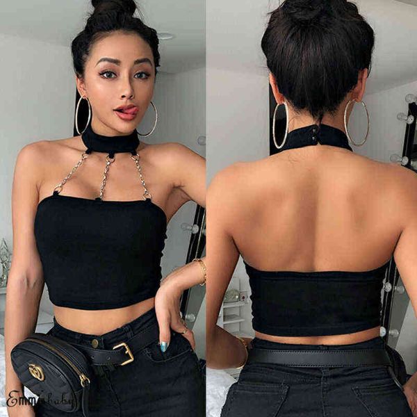 

summer women halter metal chain stretch skinny crop short shirts fashion hip hop girl cool streetwear, White