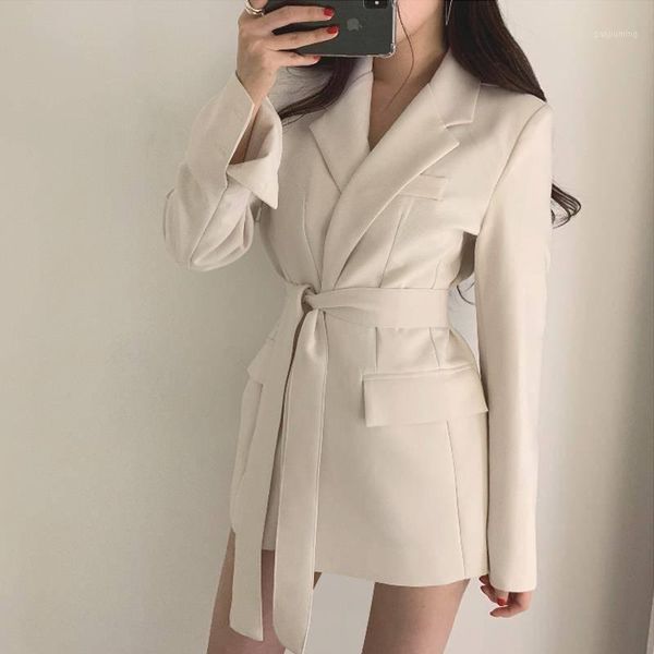 

2021 spring korean vintage blazer women loose sashes full sleeve outwear blaser femme long blazers women coats1, White;black