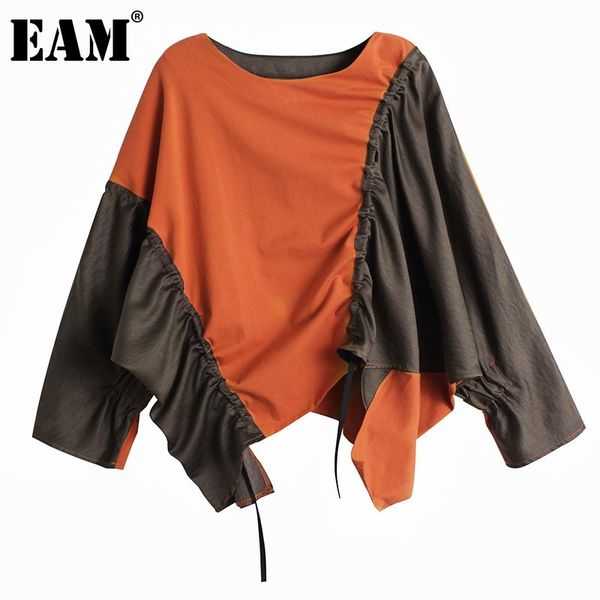 

eam] women orange irregular pleated big size t-shirt new round neck long sleeve fashion tide spring autumn 2020 1da144, White