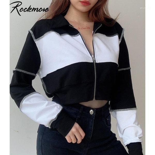 

rockmore patchwork zipper up sweat shirtss for women long sleeve crop contrast color turn-down collar hooded hoodies autumn1, Black