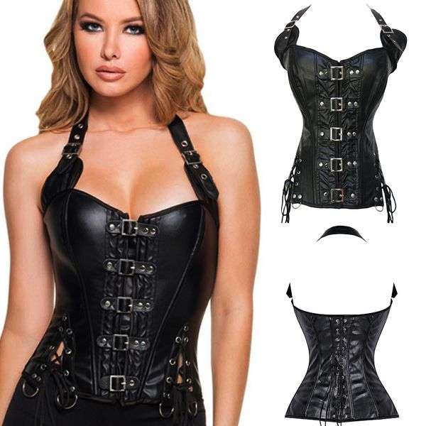 

womens steampunk gothic steel boned leather corset bustier waist trainer corset bustier waist cincher body shaper corselet, Black;white