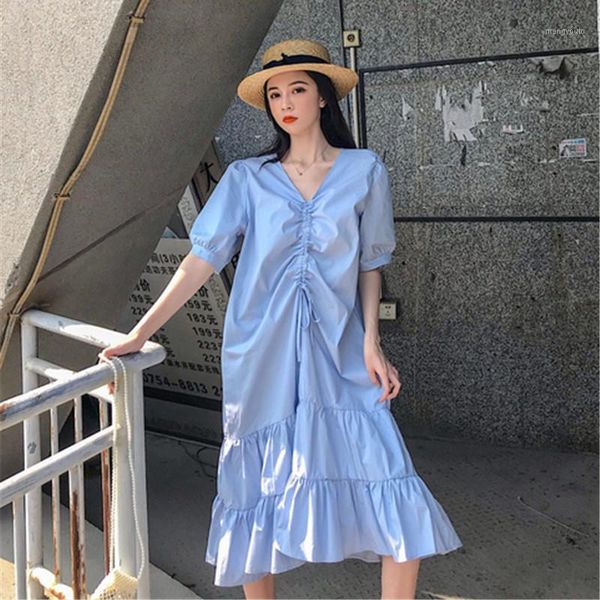 

korean chic solid beach party women's dress summer 2020 elegant lantern sleeve loose woman dress fashion ruffles long dresses1, Black;gray