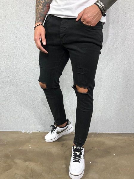 

2021 men's broken hole embroidered pencil jeans slim men trousers casual thin denim classic cowboys jogging, Blue