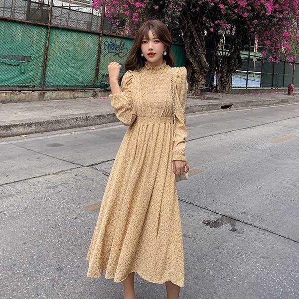 

paragraph scene shooting to the spot to the autumn new han edition dress long sleeve turtleneck floral waist chiffon dress1, Black;gray