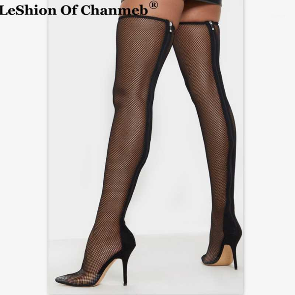 

boots stiletto heels runway shoes women pointed toe network gladiator woman ladies thigh high party mesh size431, Black