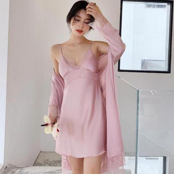 

satin kimono bathrobe gown lady 2pcs nighty&robe suit sleepwear nightgown nightdress intimate lingerie lace home clothes1, Black;red