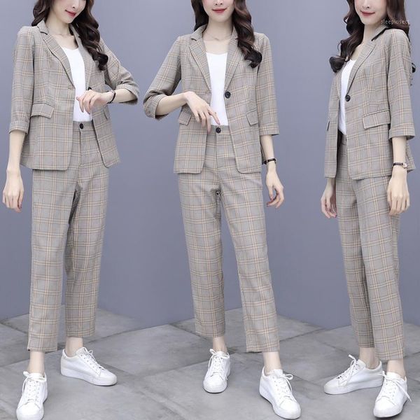 

2020 autumn women's fashion houndstooth lattice blazers+wide-legged pants business suits female vintage two-piece sets1, Gray