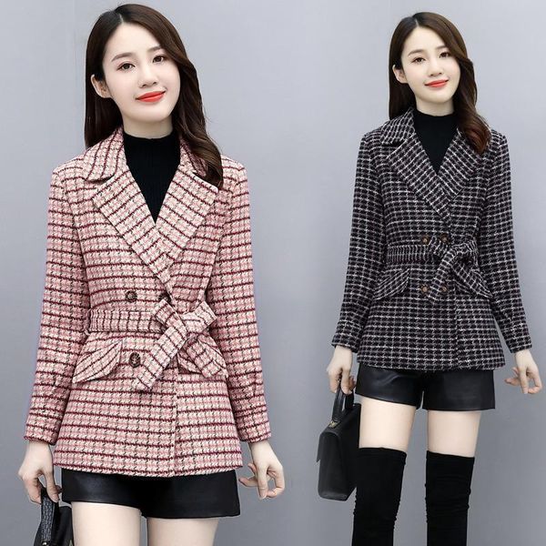 

women's wool & blends woolen coat autumn winter fashion korean short lattice outwear female office casual elegant jacket r649, Black