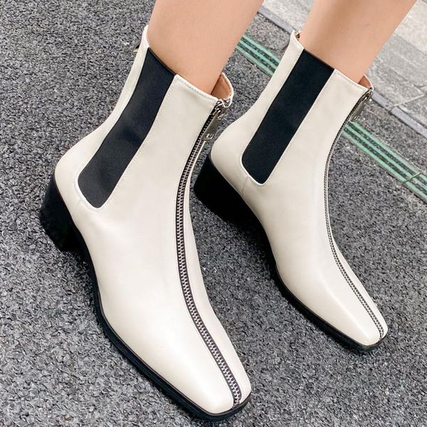 

women's genuine leather elastic patchwork slip-on low heel ankle boots square toe front zip short booties shoes hot, Black
