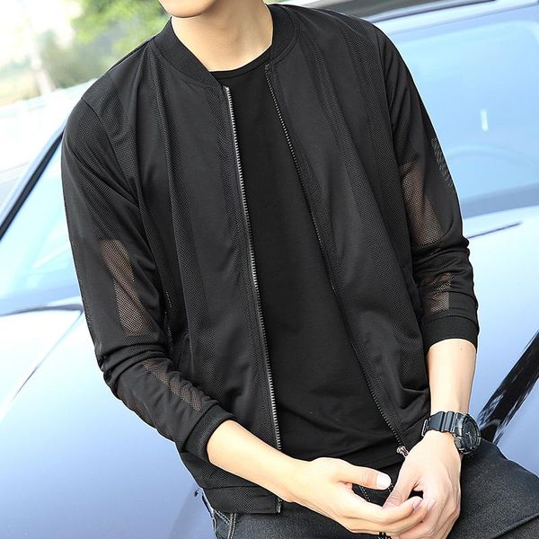 

men's summer thin sunscreen jackets coat men black white mesh spliced solid casual outerwear male breathable streetwear man, Black;brown