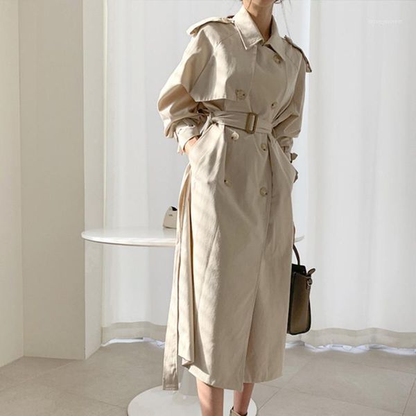 

women's trench coats 2021 autumn elegant lapel loose windbreaker minimalist classic double-breasted long coat1, Tan;black