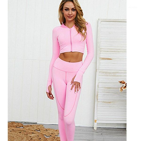 

yoga outfits women pink set long sleeve zipper sport suit 2 piece and legging running tracksuit for gym clothes1, White;red