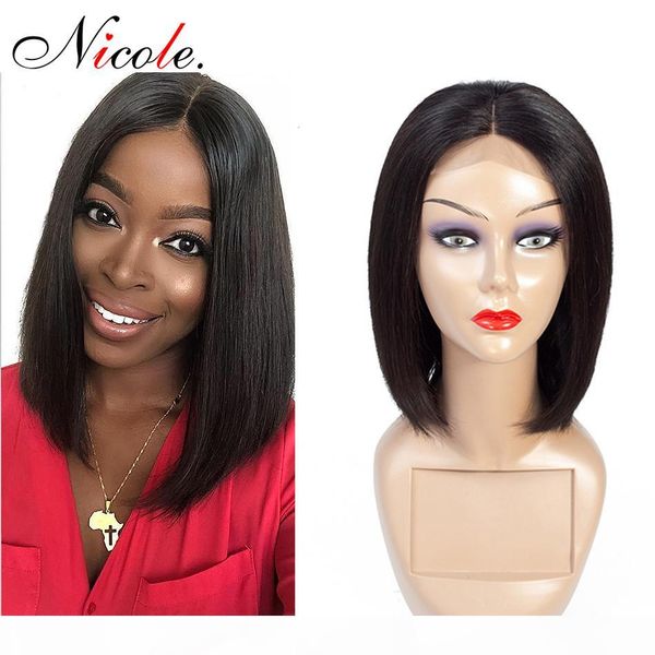 

malasian non remy short bob lace closure human hair wigs natural color straight 4*4 lace closure wigs pre plucked bleached knots, Black;brown