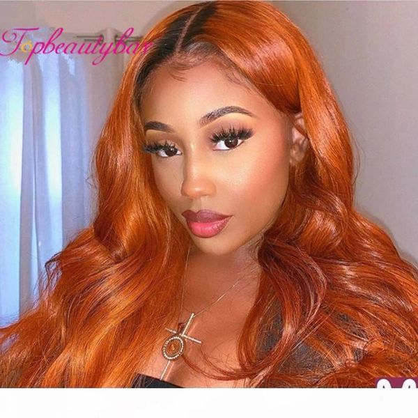 

eautybar transparent lace middle part 180 density human hair remy wigs brazilian body wave hightligt omber color for women, Black;brown