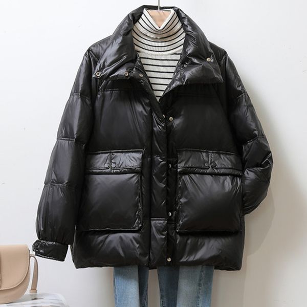 

winter women's coat down big pocket no- hooded patchwork ffy parka femme jacket outwear thick loose ladies warm coats mujer, Black