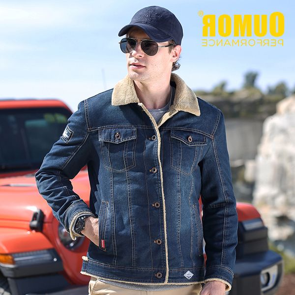 

oumor autumn new casual fleece warm denim jeans outwear solid military loose fit cotton cargo jackets coat men