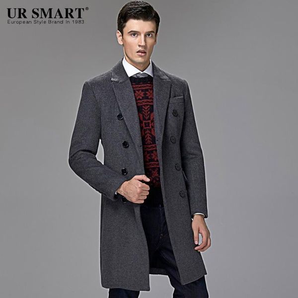 

british men ursmart wool coat long grey business men and jacket, Black