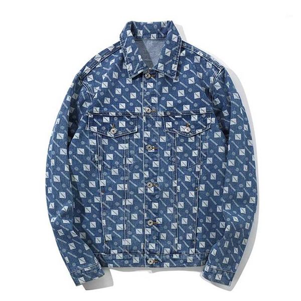 

mcikkny fashion men's printed denim jackets square lattice pattern jeans coats for male hip hop1, Black;brown