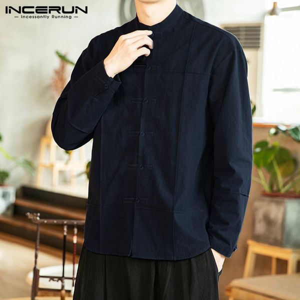 

incerun solid color vintage men shirt stand collar cotton button up streetwear camisa casual long sleeve chinese style shirt men1, White;black