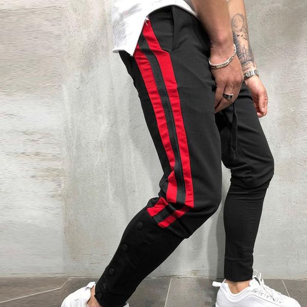 

men gyms track pants joggers casual pants side stripe fitness men sportswear tracksuit sport skinny sweatpants trousers, Black