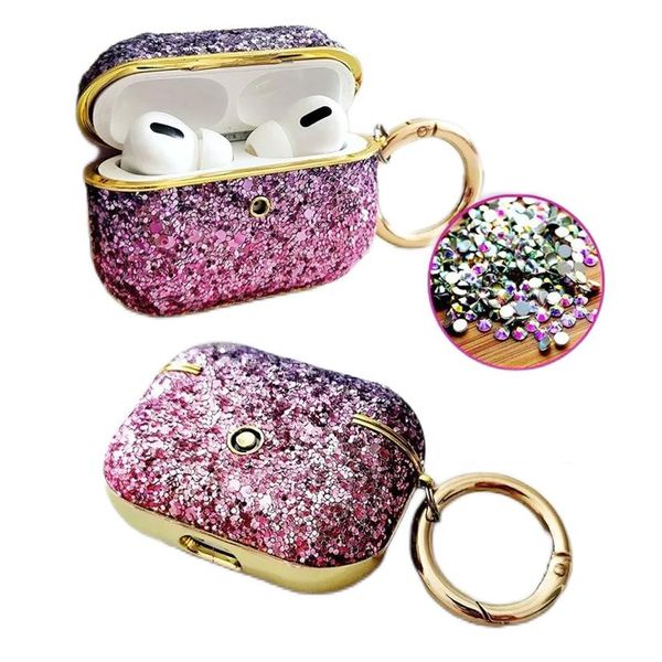 Bling Glitter Gradient Rainbow Full Diamond Plating Kopfhörer-Zubehör, stoßfeste Schutzhülle mit Anti-Lost-Ear-Schlüsselanhänger-Haken für Apple AirPods 1 2 Pro