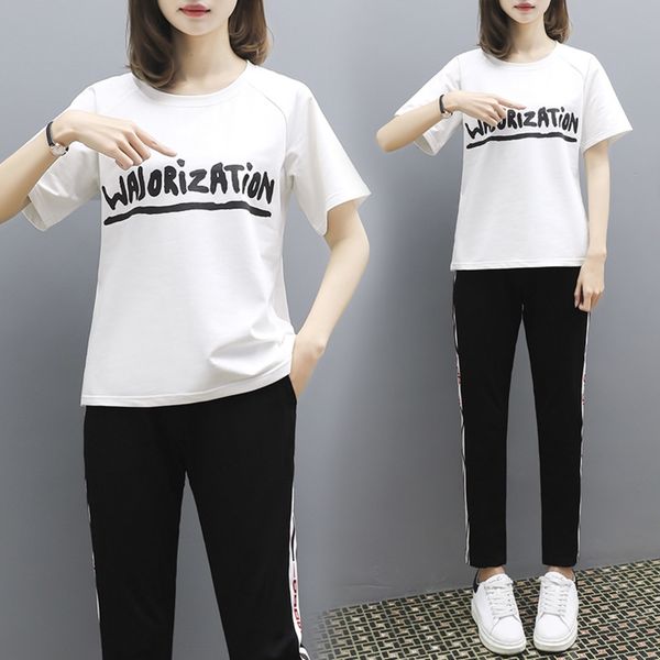 

k95kh fashion casual trousers suit women's 2020 summer new loose two-piece size and sports letter short sleeve trousers large suit wome, Gray