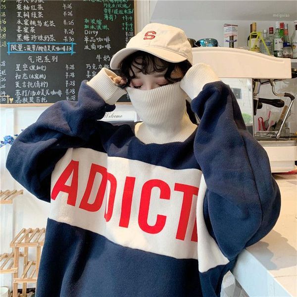 

hoodies women fleece turtleneck letter print sweatshirt harajuku female oversize korean ulzzang long sleeve 1, Black