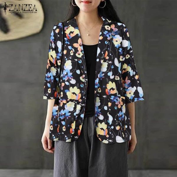 

kaftan women's printed blazers zanzea autumn long sleeve blusas solid overcoat female single button tunic female plus size, White;black