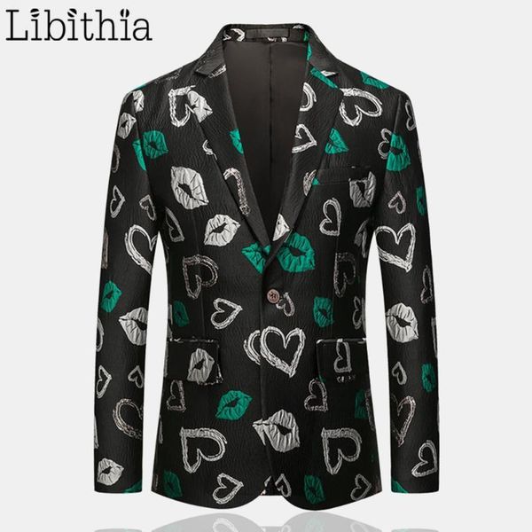 

lip love pattern men's casual blazers m-6xl plus size one button jackets luxury clothes male a1181, White;black