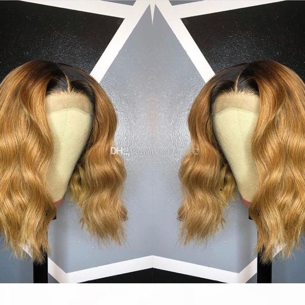 

virgin mongolian ombre lace front bob wigs #1b 27 honey blonde two tone colored short bob glueless full lace wigs 130% density, Black;brown