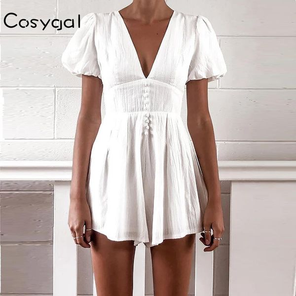 

cosygal button cotton short puff sleeve summer playsuit deep v neck crop rompers womens jumpsuit bodysuit one-piece, Black;white