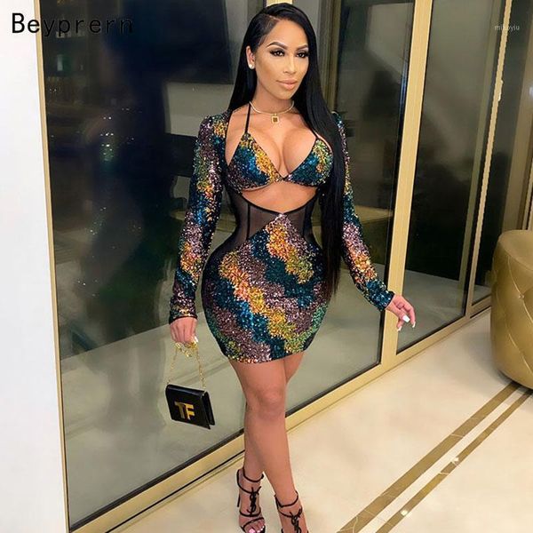 

beyprern beautiful glam bodycon sequins party dress womens long sleeve multicolor sequins chirstmas dress party club outfits1, Black;gray