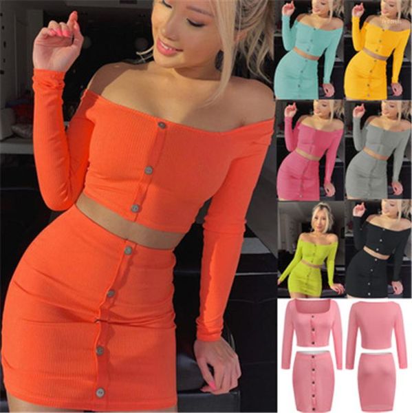 

trend slash neck long sleeve short skirt buttons sets spring female high waist casual two piece sets womem two piece dress fashion, White