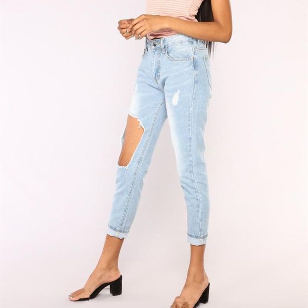 

2019 summer new fashion ripped hole jeans women fashion high waist pockets denim straight pants pencil pants casual trousers1, Blue