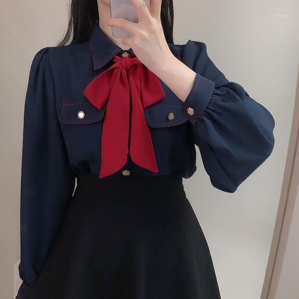 

lady's turn down collar white office lady new fashion bow tie women blouse pocket long-sleeved shirt blusa feminina1
