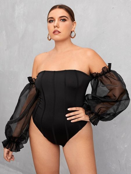 

plus off shoulder sheer organza sleeve seam detail bodysuit d9fc#, Black