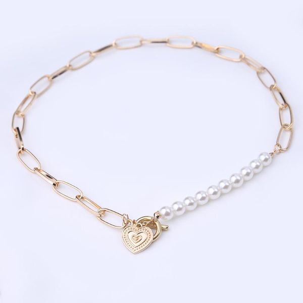 

punk imitation pearl choker necklace collar statement gold color love heart lasso pendant necklace women jewelry women, Silver