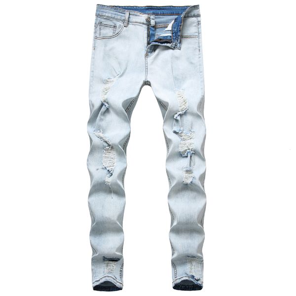 

2019 spring and autumn men's slim little feet scraped jeans, Blue