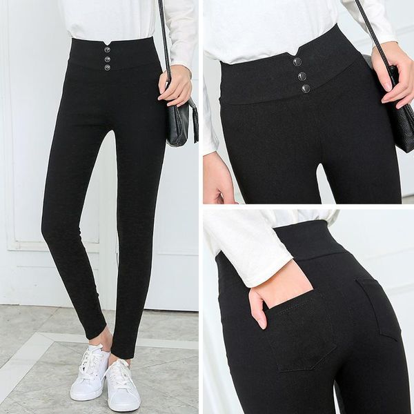 

women's black pants pencil trousers 2020 spring fall button pocke pants women slim ladies jean trousers female high waist1, Black;white