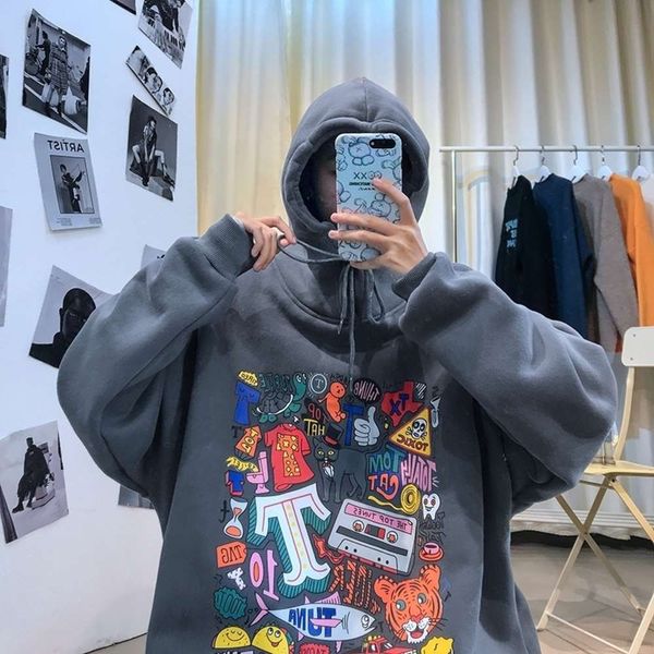 

autumn and winter hooded sweater plush korean student hip hop printed clothes ins fashion men's coat, Black