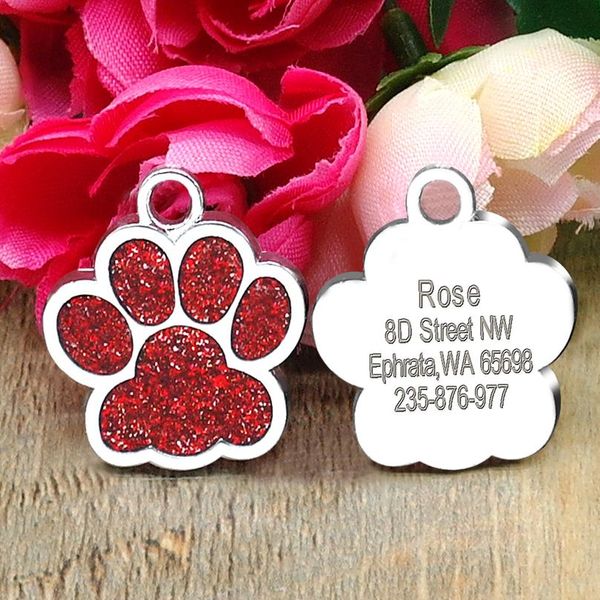 

glitter paw pet id tags customized engraved dog & cat paw tag personalized name phone nu wmtgda