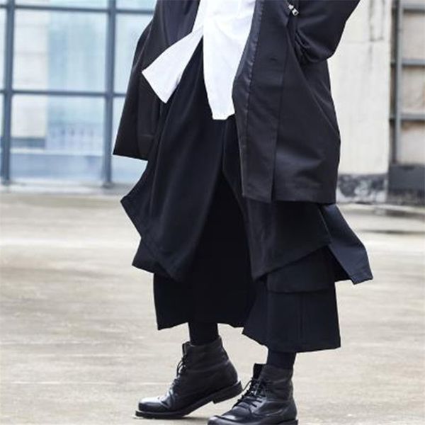 

men japan streetwear hip hop punk gothic black harem pant male fashion splice loose wide leg skirt trouser kimono 201109